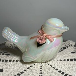 Fenton Iridescent Bird Figure, Vintage Luster Ware Bird with Rose ribbon